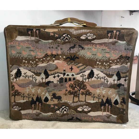 Vtg French Luggage Co Tapestry Brown Suede Luggage Set Countryside with Unicorn - Picture 5 of 16